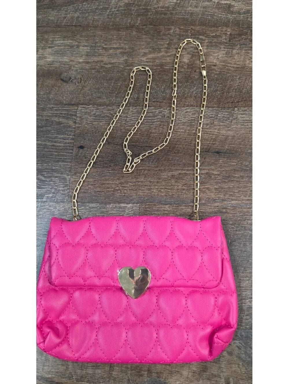 Pink Faux Leather Quilted Heart Pattern Crossbody Bag with Gold Heart Clasp